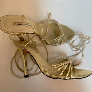 Charles David gold strappy, ankle-tie heels